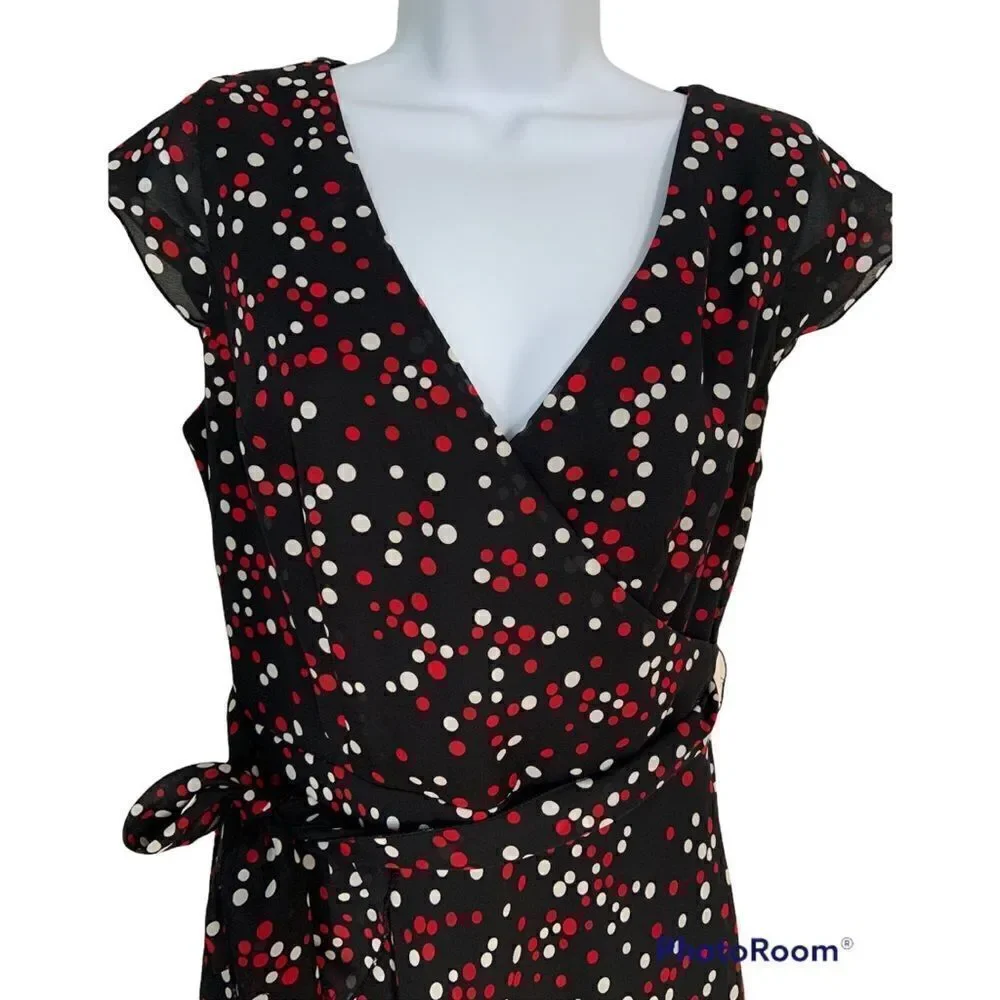 Jonathan Martin Black Polka Dot V-Neck Multicolor Midi dress Size 10
